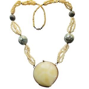 Antique Beaded Necklace Photo Locket Pendant with Cream Seed Beads Mosaic Beads